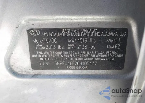 2006 Hyundai Sonata Gls V6/Lx V6 z USA, uszkodzony, nr VIN 5NPEU46F26H105437